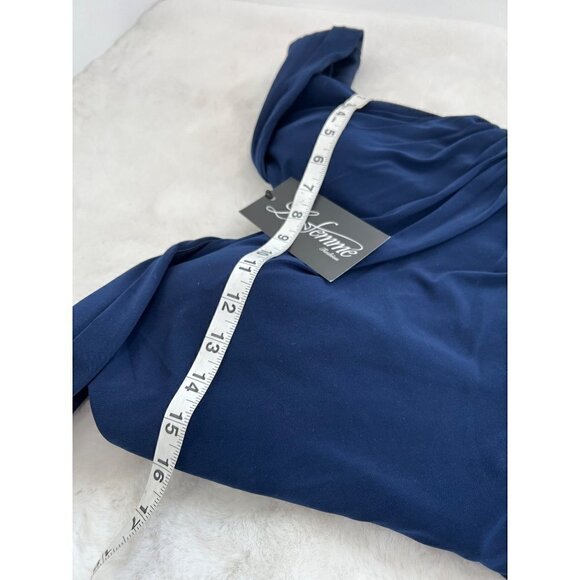 New La Femme Size 10 Off the Shoulder Ruched Floor Length Gown Navy - Picture 5 of 13